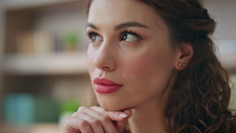 woman thinking problems at home closeup. frustrated attractive girl