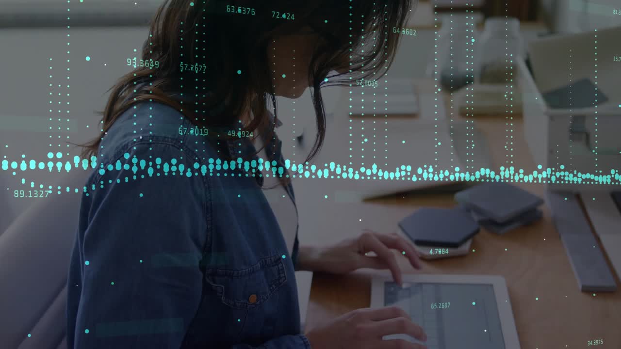 Office professional tapping tablet screen and animating digital waveform for business data analysis