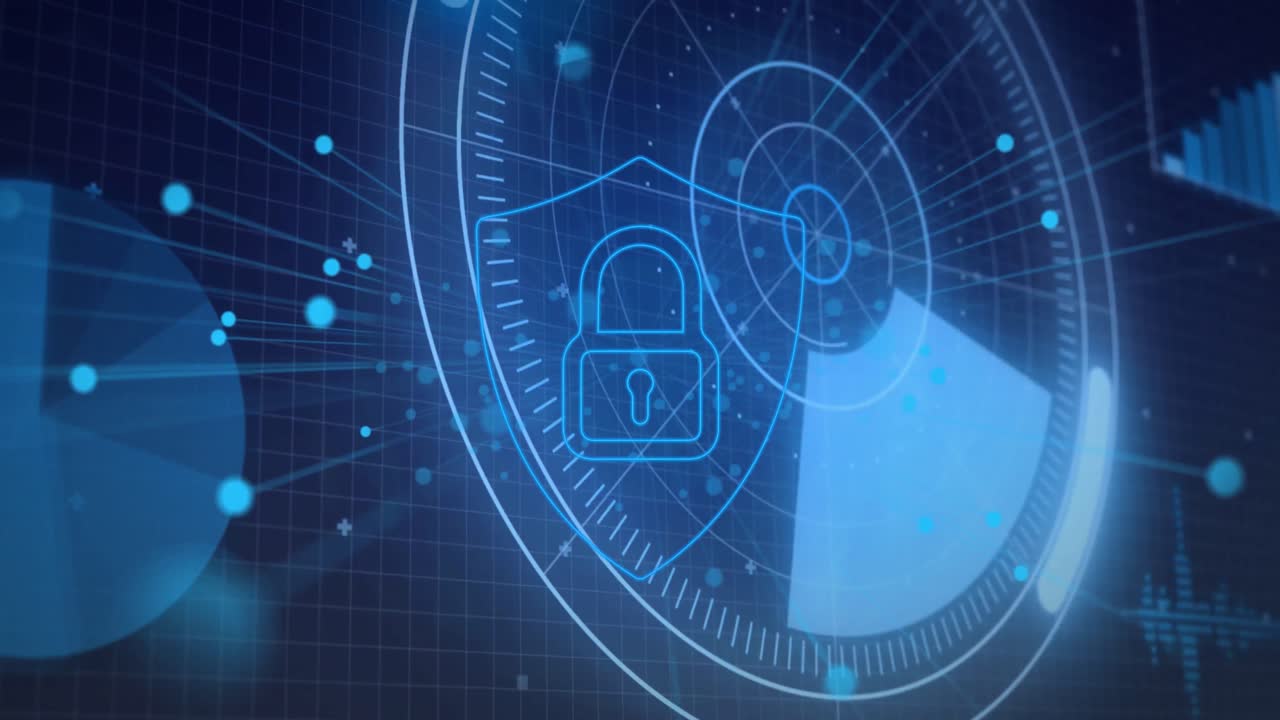 Animation of online security padlock, scope scanning and data processing