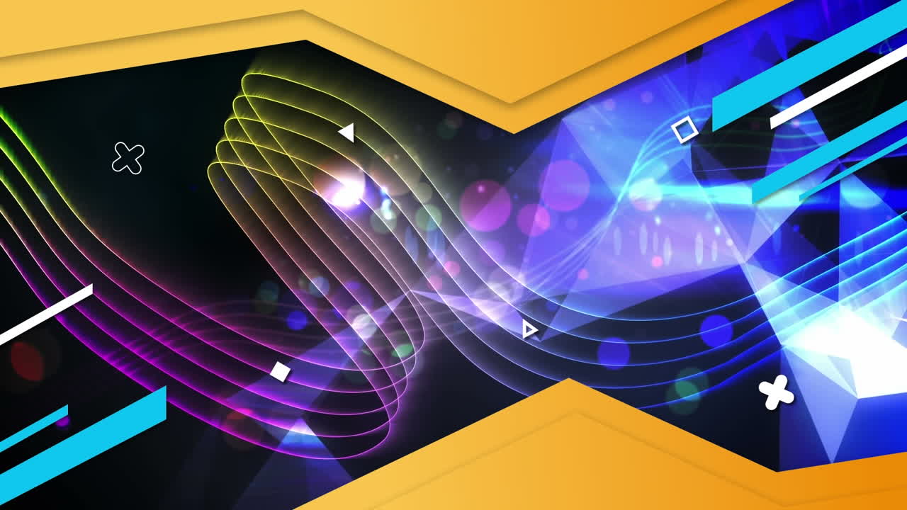 animación de formas geométricas y patrones de ondas que se mueven sobre las llamaradas de la lente en el fondo.