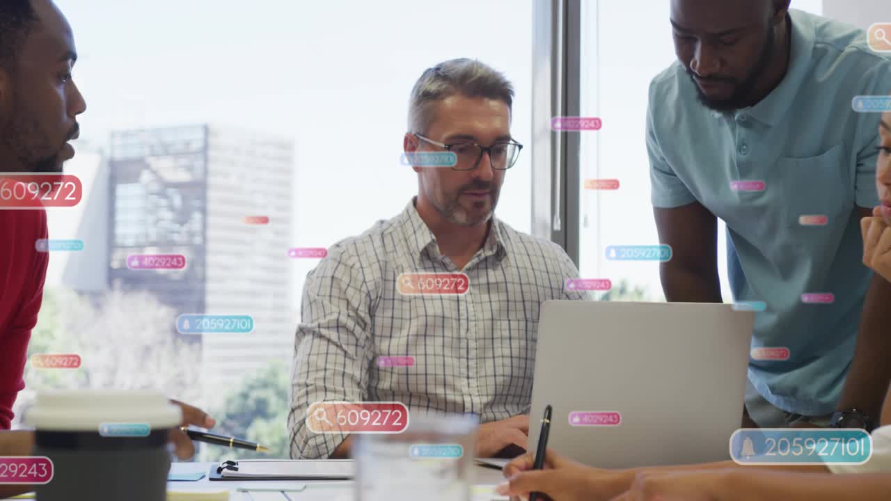Team lead pointing documents, guiding business meeting, causing floating numeric overlays on laptop