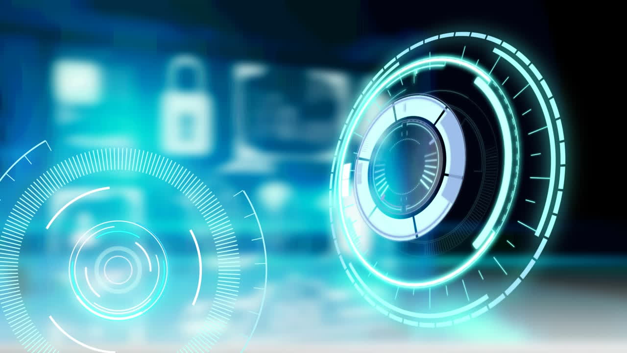 animación del escaneo del alcance y el procesamiento de datos sobre pantalla sobre fondo azul