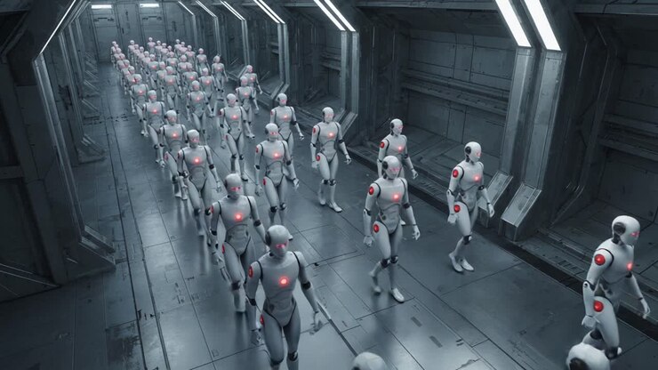 A Line of Futuristic Robots Marching Through a High-Tech Hallway, Showcasing Advanced Design and Coordination in a Mechanical Environment
