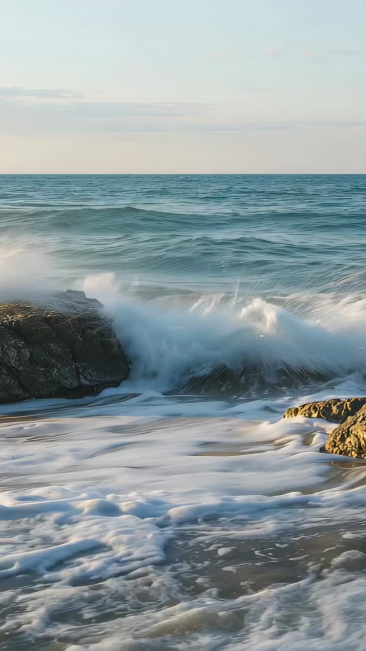 Video verticale: onde che si alzano dall'orizzonte e si trasformano in onde che si infrangono sugli scogli della spiaggia, lasciando la schiuma