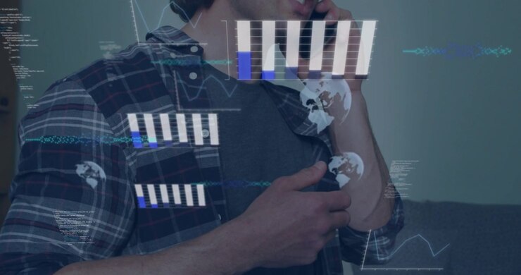 Man receiving call, lifting phone to ear for work, HUD bars expanding over torso into analytics