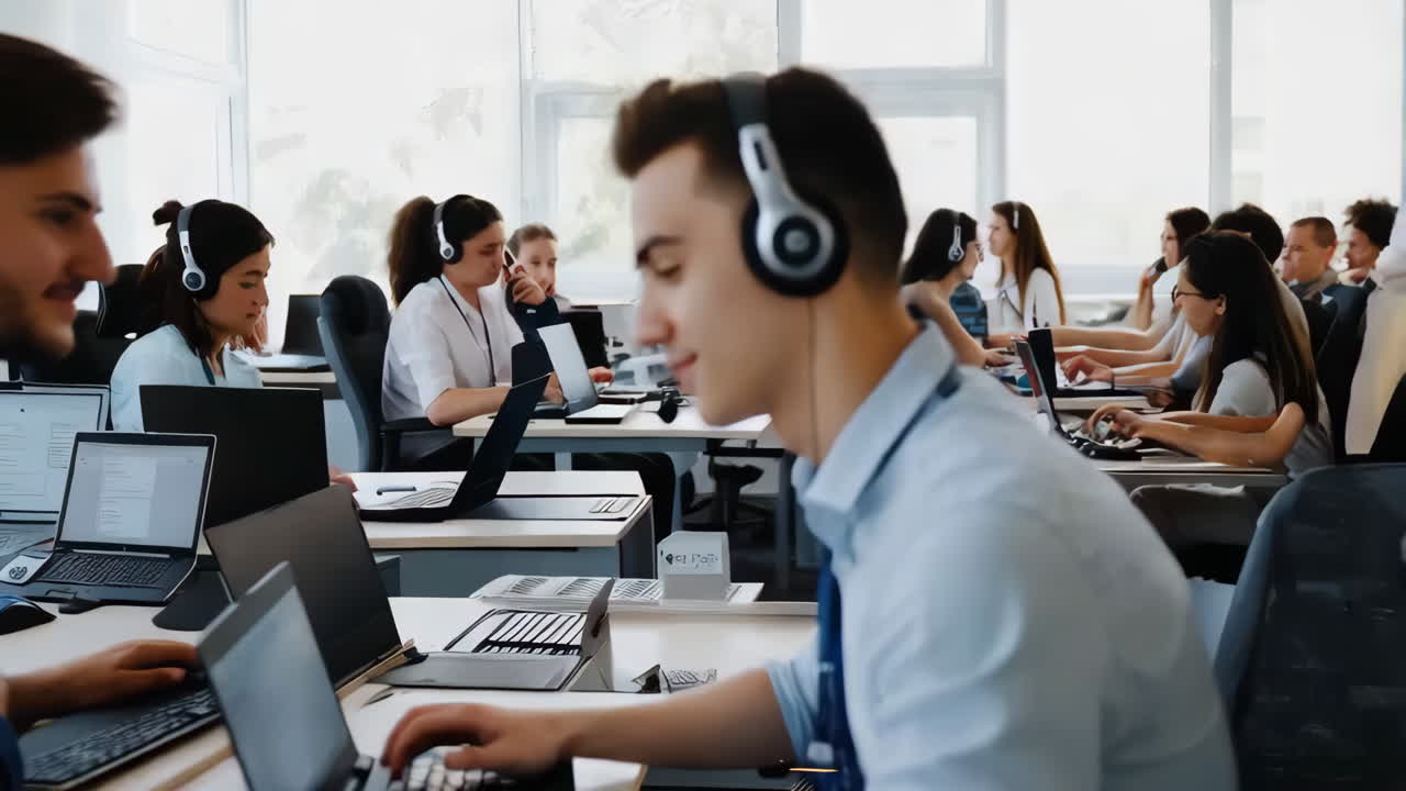 Call center agents working together