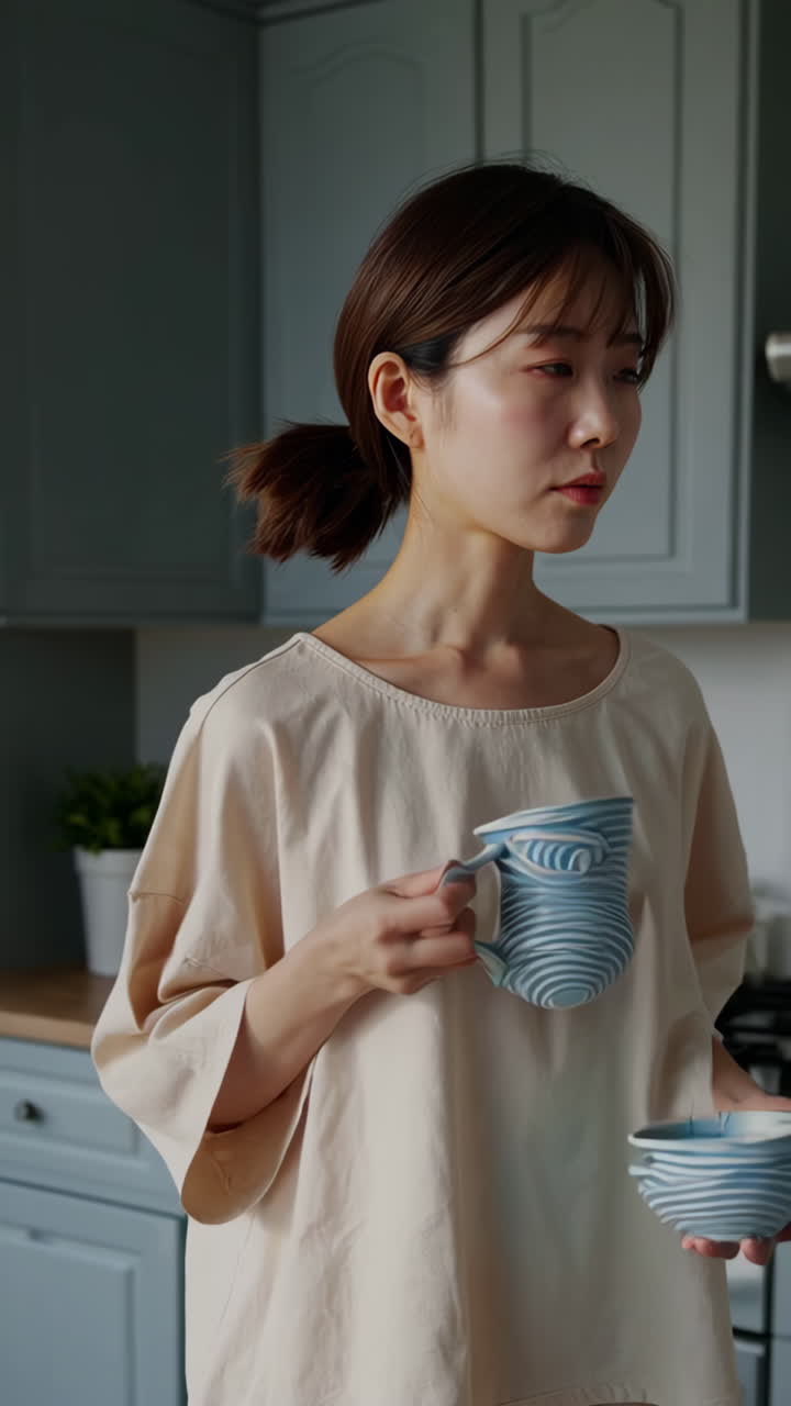 Woman in Kitchen with Cups