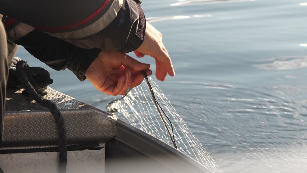 manos de pescador revisando la red de pesca en el agua desde un barco, plano medio