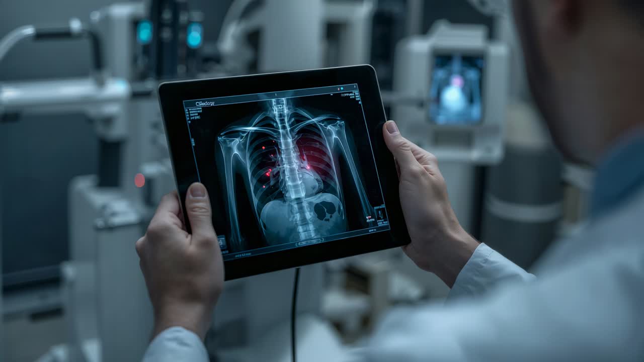 Adjusting tablet after red marks, doctor wearing lab coat, stethoscope examining chest X-ray, ER