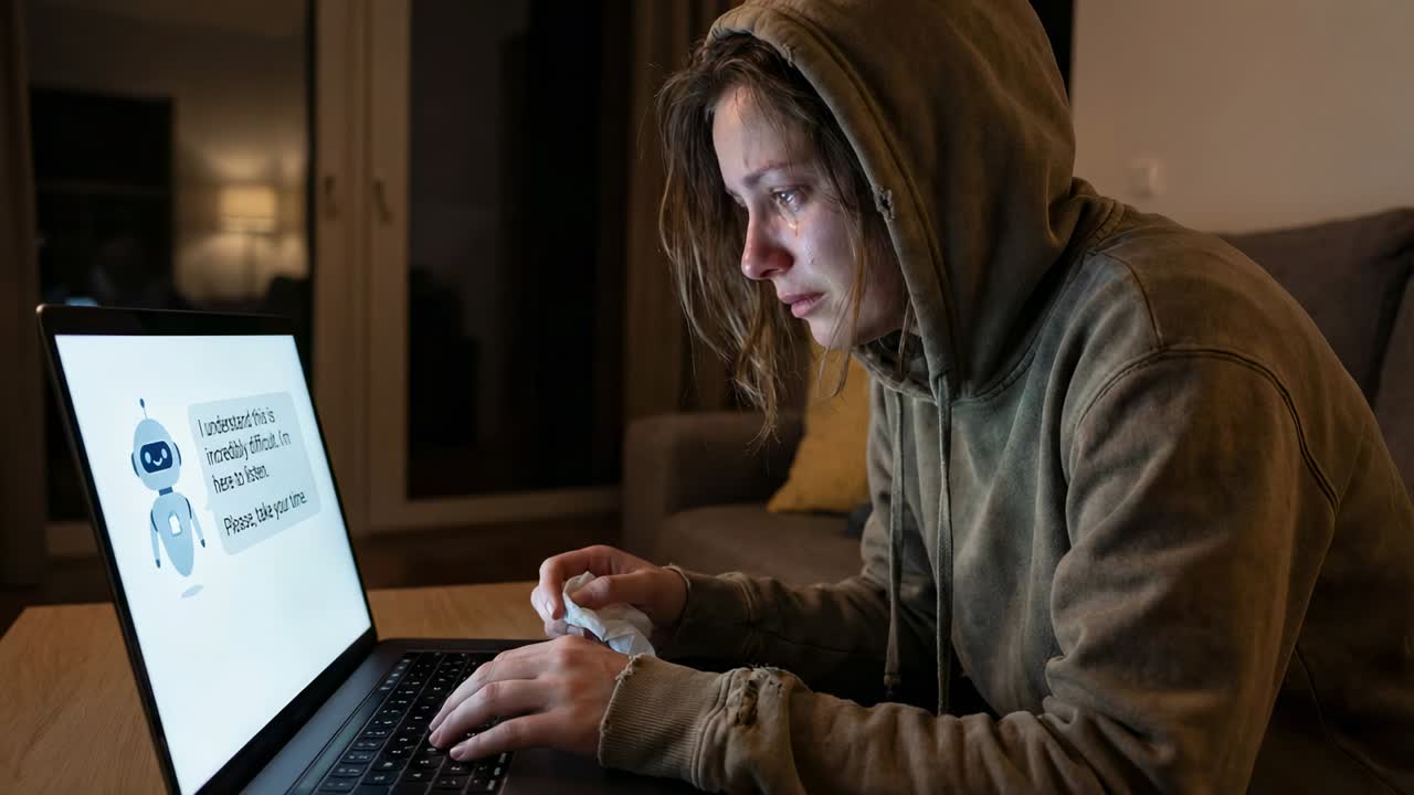 Chatbot-besked på bærbar computer, kvinde i olivenfarvet hættetrøje, der skriver og dupper sit ansigt med et stykke papir derhjemme
