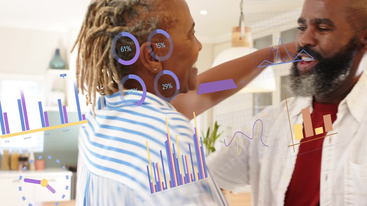 Mature pair holding hands, locking eyes, slow-dancing in kitchen, health charts marking progress