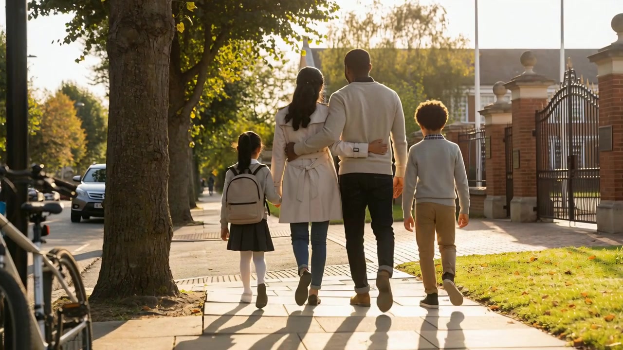 Famiglia che cammina verso il cancello della scuola sul marciapiede, bambina in uniforme con zaino per la scuola