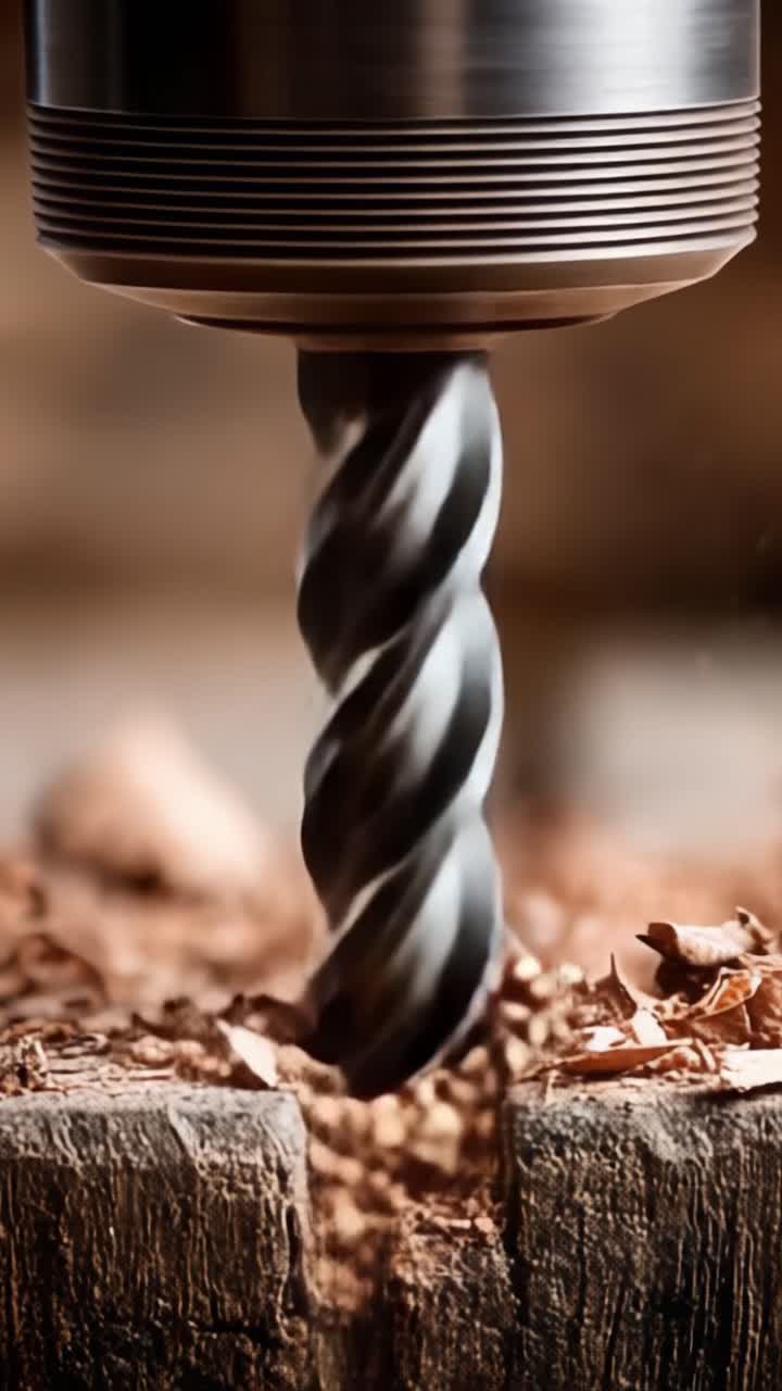 Primo piano di una punta da trapano che ruota in azione, che interagisce con una superficie di legno per creare fori di precisione in progetti di artigianato e falegnameria