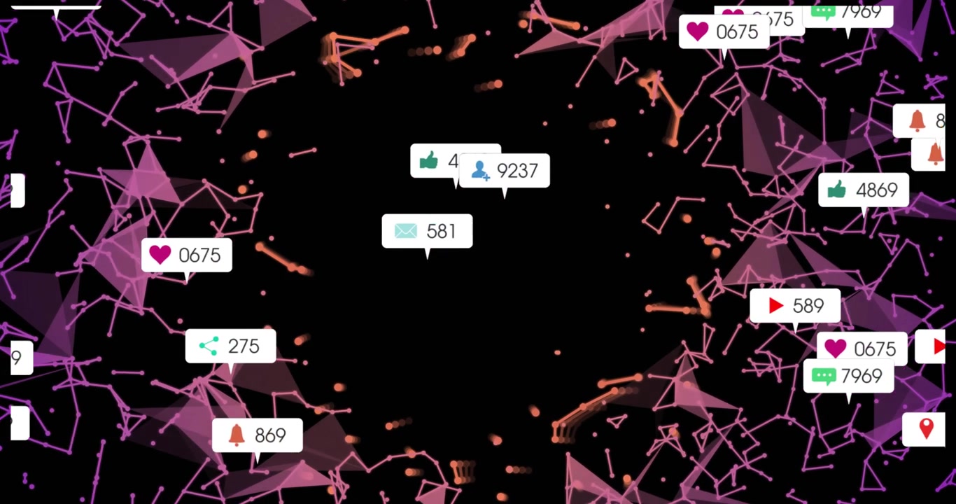 Rete poligonale luminosa che invia icone di notifica verso il vuoto, mostrando metriche sociali in aumento