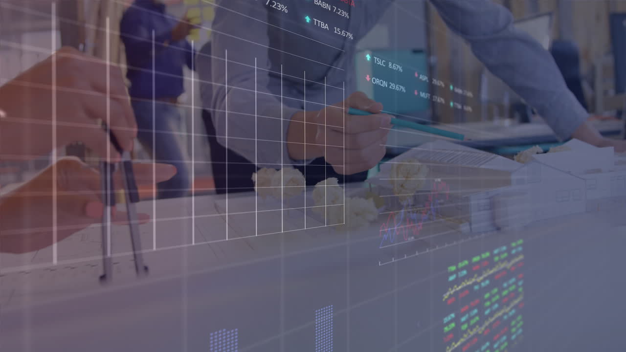Animation of graphs and trading boards over caucasian architects discussing about 3d model of houses