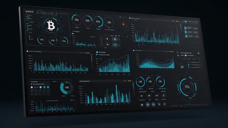 Dynamisk kryptovaluta-dashbord som viser Bitcoin-analyse med sanntids datavisualiseringer og innsikt for tradere og investorer i et moderne grensesnitt