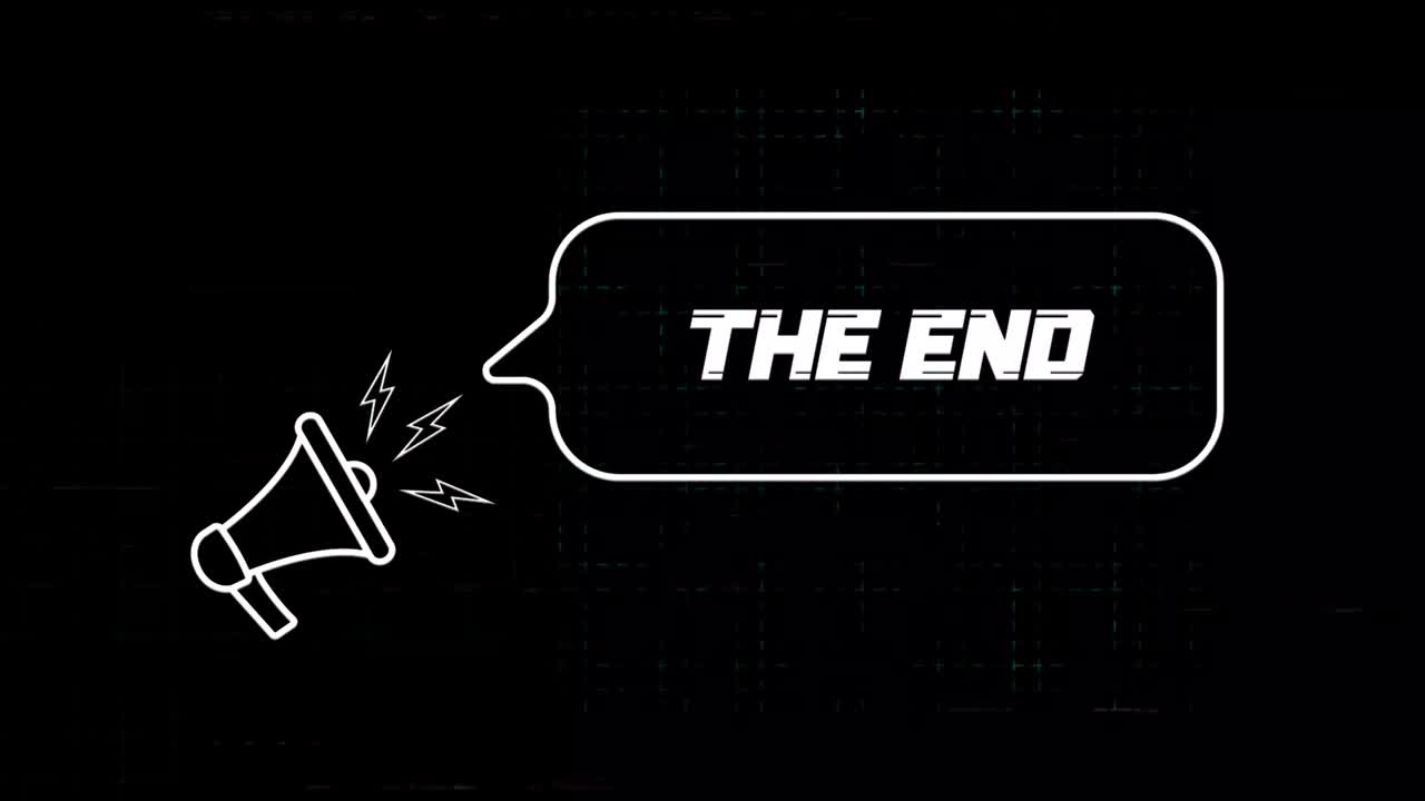 Megaphone with speech bubble and the end text on old tv glitch interference screen. Animation of retro The end text. 4K video motion graphic