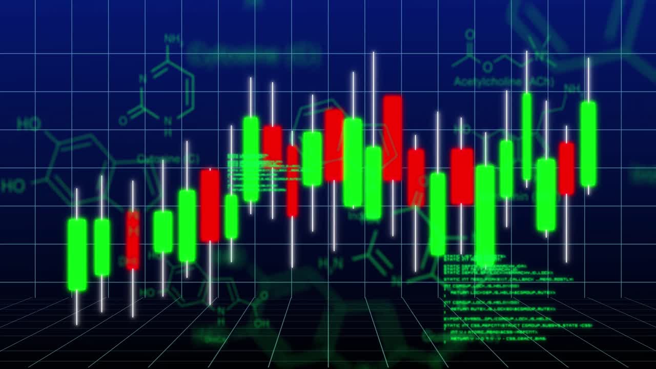 animazione di grafici, dati e formule chimiche sullo sfondo della marina