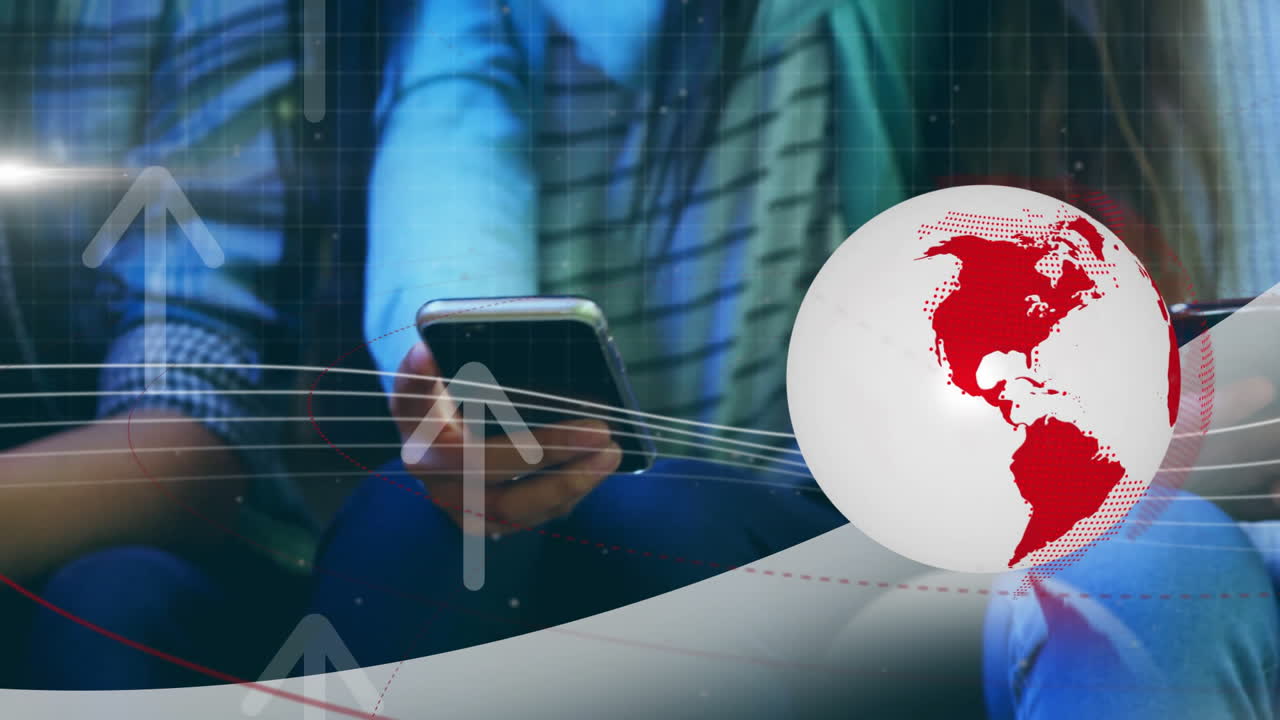 People using smartphones with digital globe and upward arrows animation overlay