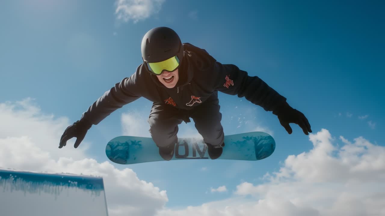 Launching male snowboarder approaching quarter-pipe ramp at ski resort, carving on blue snowboard