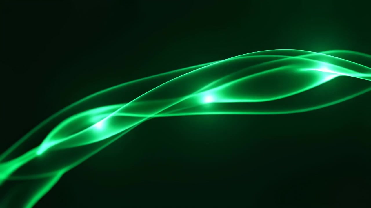Abstract luminous green waves and flowing light streaks sweep diagonally across a dark background with bright highlights and smooth motion