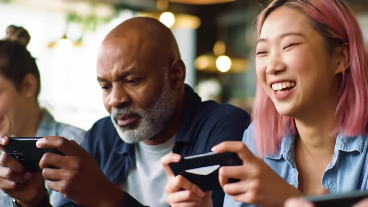 Gruppo eterogeneo che si diverte con il mobile gaming: una gioiosa interazione tra amici mentre si impegnano in divertimento e competizione tramite i loro dispositivi portatili
