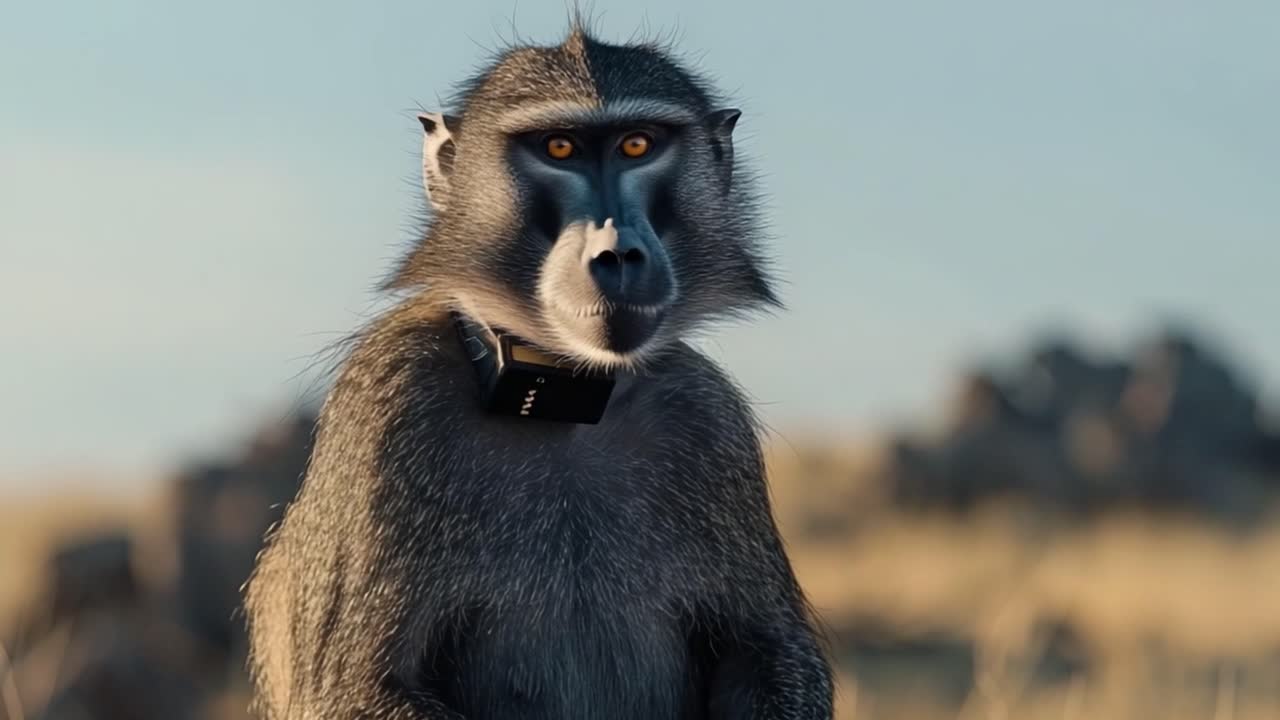 Baboon with tracking collar