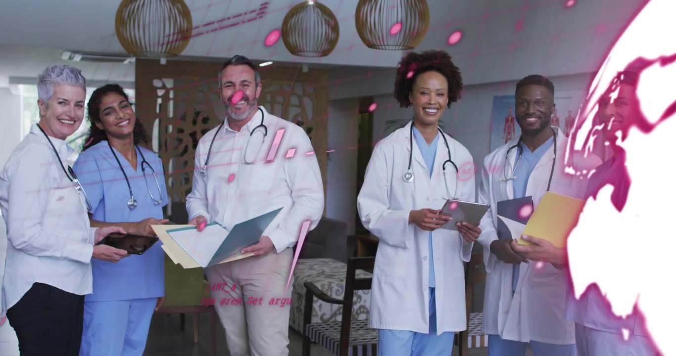 Medical team holding tablets receiving overlay animating code, charts and bars across then fading