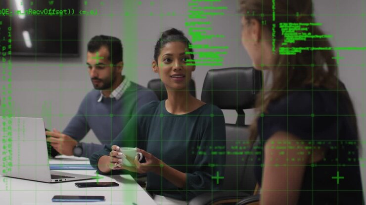 Animation of financial data processing over business people in office