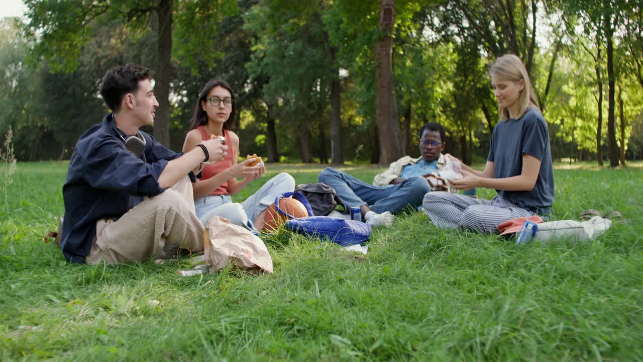 친구 들 이 공원 에서 피크닉 점심 을 즐기고 있다