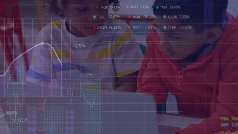 Animation-of-data-processing-over-diverse-girl-and-boy-using-laptop-in-elementary-school-class