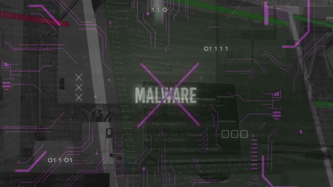 Animation af malware-tekst over databehandling, computerens bundkort og servere