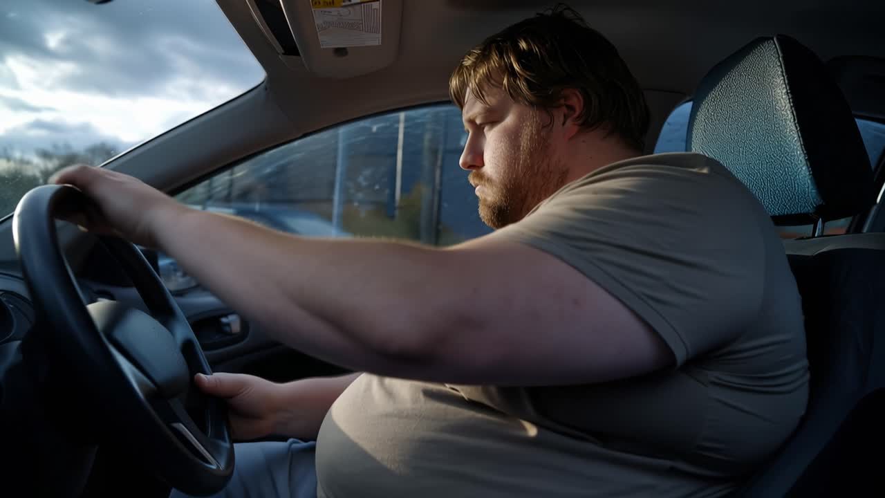 Överviktig man sitter i bilen med slutna ögon. Han griper ratten, med huvudet nedåt. Solnedgången kastar ett mjukt sken genom fönstret. Han ser trött ut, omedveten. Använd för hälsa-, livsstils- eller reseteman