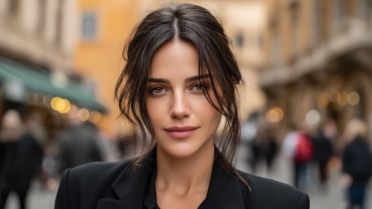 Una donna sorridente e sicura di sé in un vivace ambiente urbano, immortalata in elegante abito nero su uno sfondo cittadino dinamico con luce soffusa.