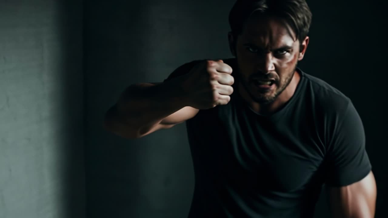 Intense training session in a dimly lit gym with a muscular man focusing on technique and strength building