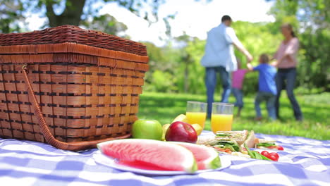 family dancing in a ring in the background with a platter on a picnic basket in the foreground