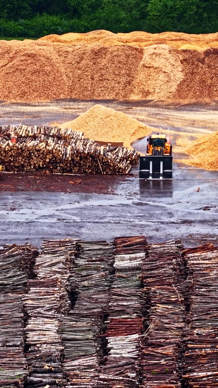 Stacked timber, woodchip piles and heavy machinery operating at an industrial lumber and forestry processing facility in Latvia