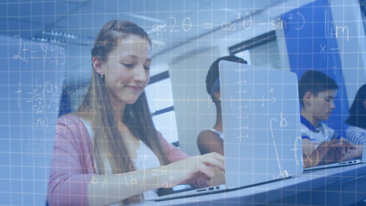 animación de fórmulas matemáticas sobre los estudiantes en el aula