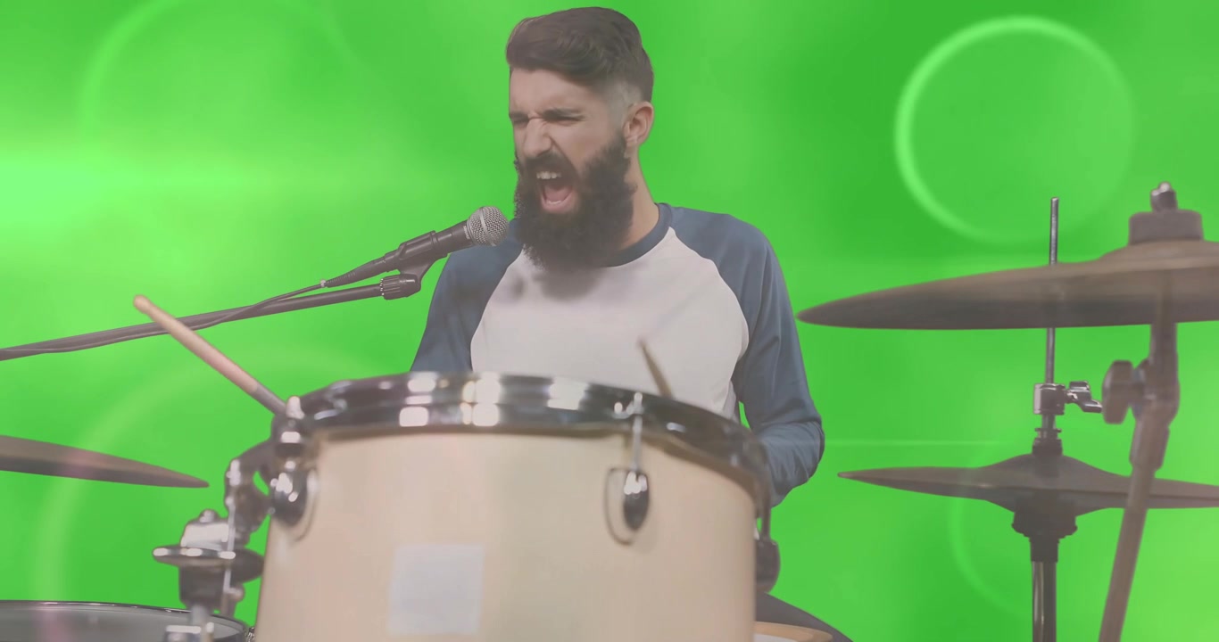 Bearded Musician Playing Drums and Singing on Green Screen
