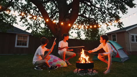 kids roasting marshmallows at backyard campfire