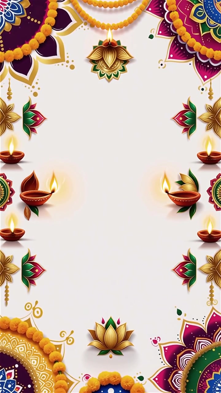 Sfondo Diwali con Diyas luminosi, Rangoli e fiori di loto