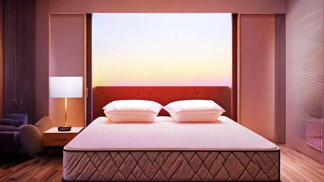 A bedroom with a bed, pillows, and a lamp