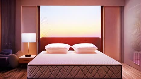 a bedroom with a bed, pillows, and a lamp