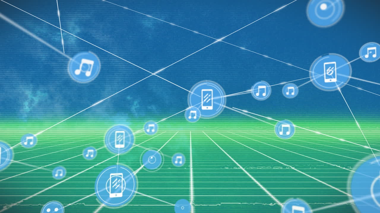 파란색 배경에 녹색 그리드 네트워크를 통해 디지털 아이콘 네트워크의 애니메이션