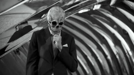 man in a skull mask business suit