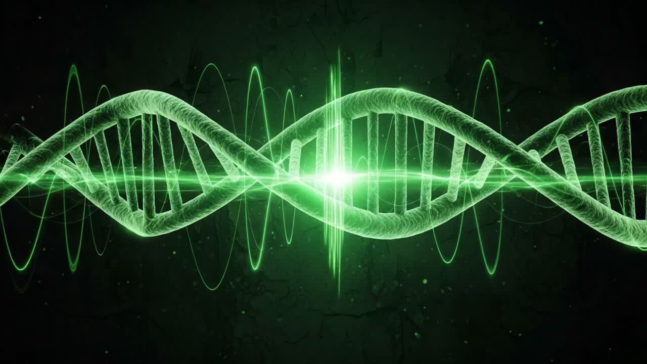 A Stunning Visual Representation of DNA Helix Waves Illustrating Genetic Patterns and Molecular Interactions in Vibrant Green Tones Against a Dark Background