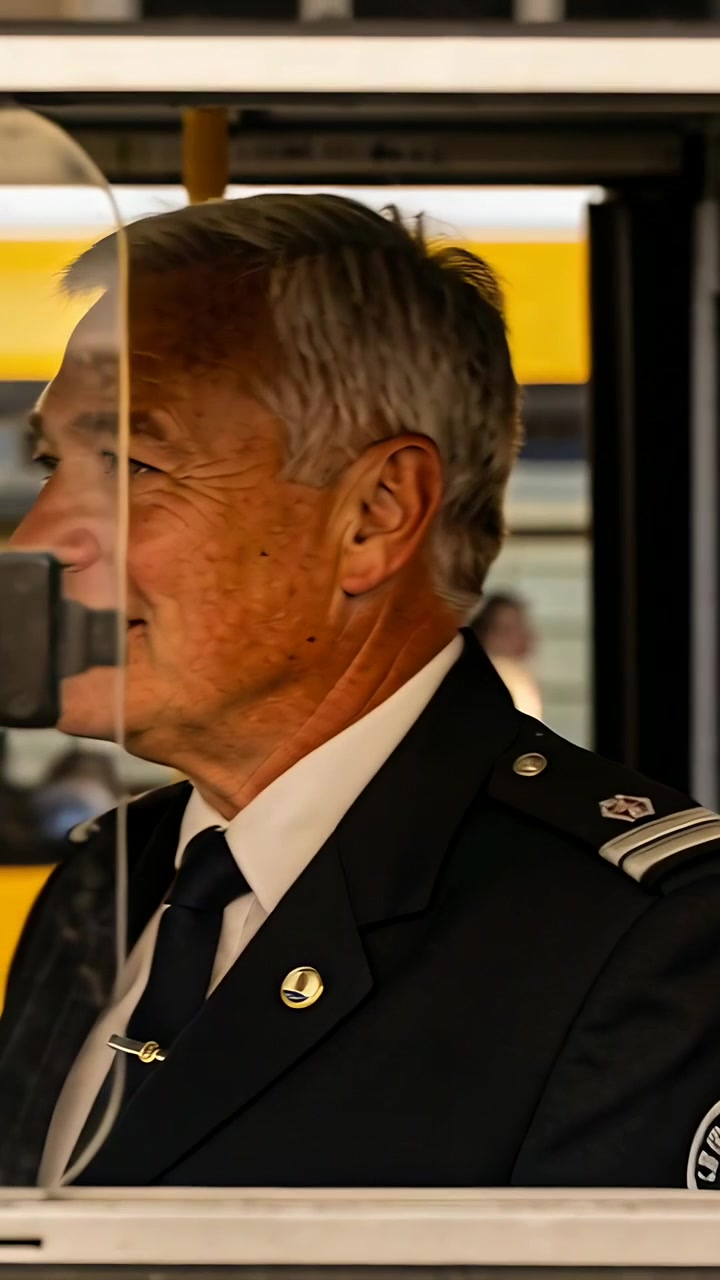 Video verticale: Tram che si ferma, autista in uniforme che si gira e saluta un passeggero attraverso il finestrino della cabina.