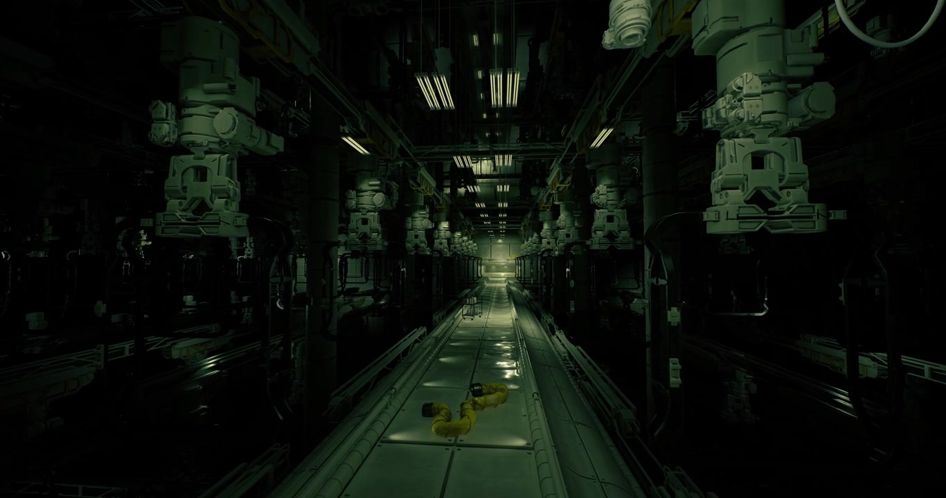 Long inactive utility tunnel with glowing distant panel light