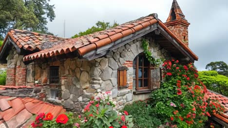 una casa de piedra con flores rojas creciendo en el techo