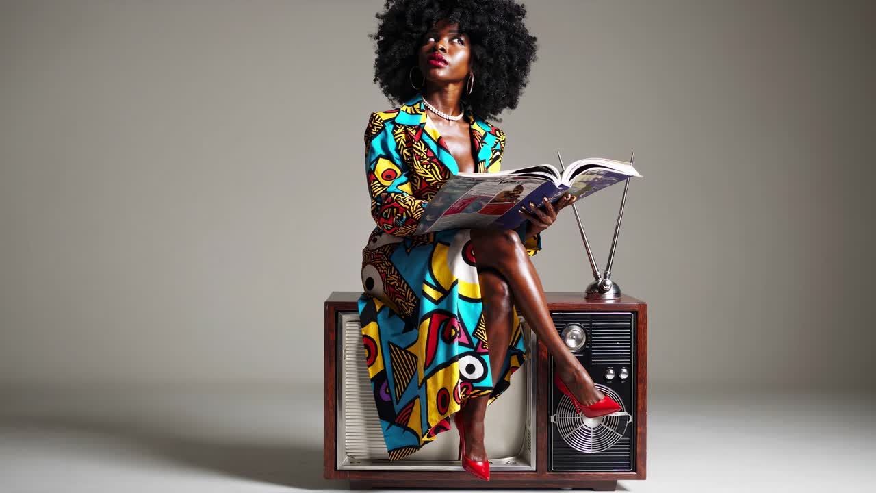 Donna con un vestito a stampa africana che legge su una TV vintage